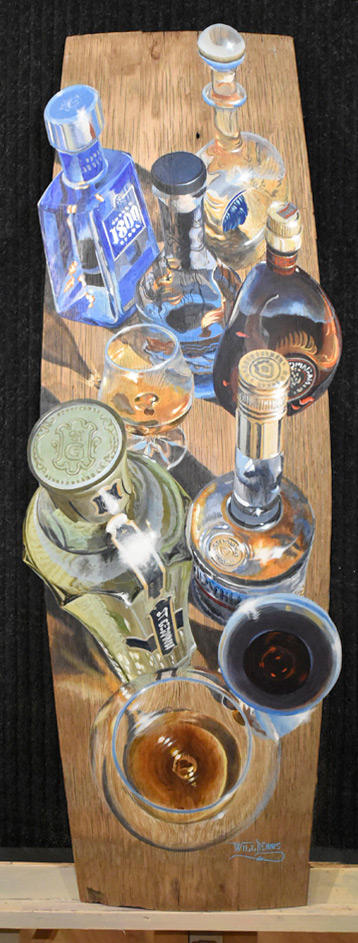 Okanagan wine art, liquor bottles painted on wine barrel staves