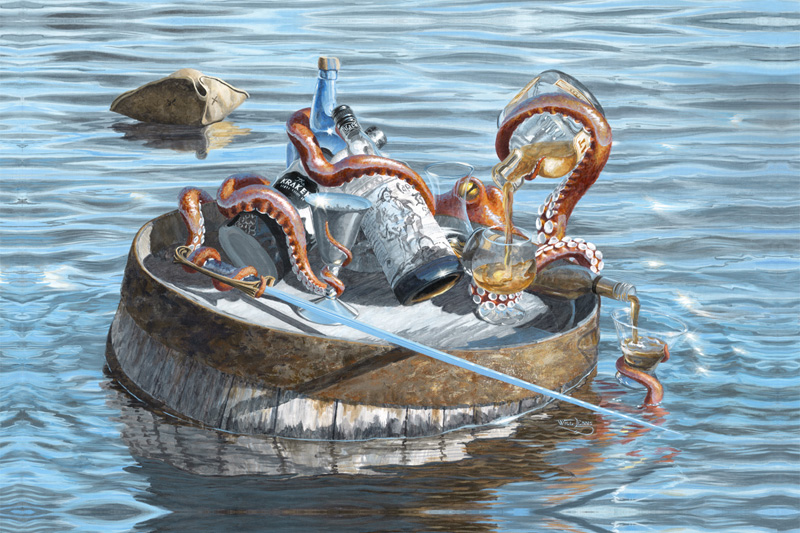 Mutiny. A painitng of an octopus who has taken over from the Pirate.