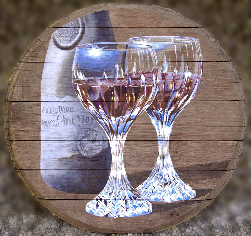 Château la Pompe - painting of two elegant wine glasses with an old bottle of wine.